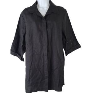 Edward Woman 1X Black 100% Irish Linen Button Down Sequin Embroidered Sleeve